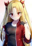  &gt;:( alternate_costume bangs black_gloves black_shirt blonde_hair blush casual chixiao closed_mouth ereshkigal_(fate/grand_order) eyebrows_visible_through_hair eyelashes fate/grand_order fate_(series) frown gloves gradient gradient_background hair_ribbon highres jacket light_particles long_hair looking_at_viewer off_shoulder open_clothes open_jacket parted_bangs red_eyes red_jacket red_ribbon ribbon shirt short_sleeves solo straight_hair two_side_up upper_body v-shaped_eyebrows very_long_hair wavy_mouth 