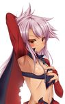  arm_behind_head armpits blush breasts chloe_von_einzbern closed_mouth dark_skin fate/grand_order fate/kaleid_liner_prisma_illya fate_(series) highres long_hair looking_at_viewer navel nipples noumin pink_hair simple_background small_breasts smile solo white_background yellow_eyes 