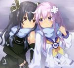  black_dress black_gloves black_hair blancpig_yryr d-pad d-pad_hair_ornament dress elbow_gloves fingerless_gloves gloves hair_ornament hair_ribbon hairclip highres long_hair looking_at_another multiple_girls nepgear neptune_(series) purple_eyes purple_hair red_eyes ribbon sailor_dress scarf shared_scarf shoulder-to-shoulder sleeveless two_side_up uni_(choujigen_game_neptune) 