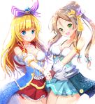  :d atelier_(series) atelier_firis atelier_lydie_&amp;_suelle blonde_hair blue_bow blue_eyes blue_skirt bow brown_gloves brown_hair fingerless_gloves firis_mistlud gem gloves green_eyes grin hair_bow hair_ornament hair_ribbon holding_hands ilmeria_von_leinweber long_hair looking_at_viewer multiple_girls open_mouth ponytail red_skirt ribbon simple_background skirt smile spaghetti_strap white_background white_gloves ymd_(holudoun) 