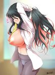  arms_up black_hair blurry blush breasts commentary_request cowboy_shot depth_of_field dress_shirt eyelashes front-seamed_legwear grey_legwear highres indoors kakudai_(hujikolp) kantai_collection large_breasts long_hair looking_at_viewer looking_to_the_side mouth_hold multicolored_hair naganami_(kantai_collection) navel nipples no_bra no_dress notice_lines open_clothes open_shirt panties pantyhose pink_hair puffy_nipples ribbon ribbon_in_mouth seamed_legwear shirt sidelocks solo sweat twitter_username two-tone_hair tying_hair underwear very_long_hair white_shirt yellow_eyes yellow_ribbon 