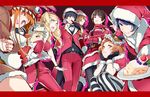  4girls akechi_gorou alternate_costume amamiya_ren animal_costume belt black_hair black_legwear blonde_hair blue_eyes blue_hair brown_eyes brown_hair cake cat christmas commentary food hat highres jacket kitagawa_yuusuke minami_(p_hanbee) mismatched_legwear morgana_(persona_5) multiple_boys multiple_girls niijima_makoto okumura_haru pantyhose persona persona_5 red_eyes reindeer_costume sakamoto_ryuuji sakura_futaba santa_hat snowman_costume takamaki_anne 