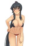  bangs bikini black_bikini black_hair blush breasts cleavage collarbone commentary_request cowboy_shot eyebrows_visible_through_hair hand_on_hip highres jpeg_artifacts kantai_collection large_breasts long_hair looking_at_viewer md5_mismatch navel open_mouth ponytail red_bikini red_eyes revision sidelocks simple_background solo soushou_nin swimsuit thigh_gap thighs tsurime very_long_hair white_background yahagi_(kantai_collection) 