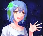  2017 artist_name blue_hair borrowed_character brown_eyes commentary earth earth-chan green_hair looking_at_viewer original personification short_hair sky smile solo star_(sky) starry_sky tsuyohina waving 