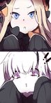  2girls 2koma abigail_williams_(fate/grand_order) bad_id bad_pixiv_id bags_under_eyes bangs black_bow black_dress black_hat blonde_hair blue_eyes blush bow cheek_squash comic dress eye_contact fate/grand_order fate_(series) flying_sweatdrops forehead hair_bow hat head_tilt highres horn lavinia_whateley_(fate/grand_order) long_hair long_sleeves looking_at_another looking_at_viewer multiple_girls nose_blush orange_bow pale_skin parted_bangs parted_lips pink_eyes polka_dot polka_dot_bow silent_comic sleeves_past_wrists v-shaped_eyebrows wada_kazu wavy_mouth white_hair 