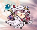  blue_ribbon chibi commentary_request crescent crescent_hair_ornament frills hair_ornament hat hat_ribbon long_hair mob_cap nekoguruma o_o open_mouth patchouli_knowledge purple_hair red_ribbon ribbon touhou wand 