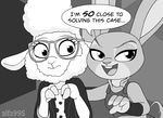  2016 alfa995 animated anthro caprine clothing dawn_bellwether disney duo eyewear female female/female glasses greyscale inside judy_hopps lagomorph mammal monochrome nervous police_uniform rabbit sheep uniform zootopia 