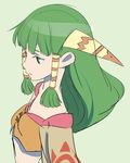  breasts commentary feena_(grandia) flat_color grandia grandia_i green_eyes green_hair hair_ornament hair_tubes long_hair small_breasts solo sones sones-krt 