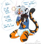  ageplay bandanna craymin dialogue diaper feline fur hair hypnosis kneeling male mammal mind_control orange_fur plushie stripes tiger watermark white_hair 