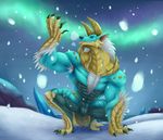  anthro anthrofied armpit_hair biceps blue_skin broad_shoulders capcom chest_tuft claws crouching fanged_wyvern fur horn landscape male monster_hunter muscular muscular_male nsfw-hideous nude pecs pose snow solo spikes spread_legs spreading tongue tongue_out tuft video_games white_fur zinogre 