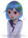  artist_name blue_hair brown_eyes commentary earth-chan english green_hair highres looking_at_viewer multicolored_hair neckerchief open_mouth original school_uniform serafuku short_hair signature smile solo surgical_mask tears upper_body zienu 