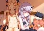  :o abigail_williams_(fate/grand_order) absurdres bags_under_eyes bangs bed black_bow black_dress black_hat blonde_hair blue_eyes blush bow closed_mouth collarbone commentary_request dress dress_pull eyebrows_visible_through_hair fate/grand_order fate_(series) flat_chest forehead hair_bow hat hat_removed headwear_removed highres horn indoors lavinia_whateley_(fate/grand_order) long_hair looking_at_another multiple_girls navel nipples on_bed one_eye_closed orange_bow parted_bangs parted_lips pillow polka_dot polka_dot_bow purple_eyes rubbing_eyes side-by-side silver_hair sitting stuffed_animal stuffed_toy tears teddy_bear topless wide-eyed zongren 