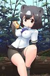  :o animal_ears arm_behind_back arm_support bare_legs bear_ears bear_girl between_breasts bike_shorts black_hair breasts brown_bear_(kemono_friends) collared_shirt commentary covered_nipples day elbow_gloves eyebrows_visible_through_hair fingerless_gloves food gabyo_nuno gloves graphite_(medium) grey_hair hand_up holding holding_food impossible_clothes impossible_shirt japari_bun kemono_friends looking_at_viewer mechanical_pencil medium_breasts microskirt multicolored_hair open_mouth outdoors pencil red_eyes shirt short_hair short_sleeves shorts shorts_under_skirt sitting skirt solo traditional_media wing_collar 