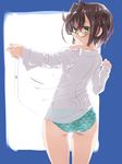  ass backlighting blush brown_hair contrapposto cowboy_shot day dd_(ijigendd) dress_shirt from_behind glasses green-framed_eyewear green_eyes green_panties highres kantai_collection looking_at_viewer looking_back morning no_pants off_shoulder okinami_(kantai_collection) open_clothes open_shirt panties shirt sketch solo standing thigh_gap thighs triangle_print unbuttoned unbuttoned_shirt underwear white_shirt 