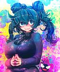  al_bhed_eyes alternate_hairstyle blue_eyes blush breasts double_bun fingers_together gastly gen_1_pokemon gradient_eyes hakkasame hex_maniac_(pokemon) large_breasts long_hair looking_at_viewer messy_hair multicolored multicolored_eyes nail_polish plump pokemon pokemon_(creature) pokemon_(game) pokemon_xy purple_eyes purple_hair purple_nails ribbed_sweater smile steepled_fingers sweat sweater wavy_mouth 