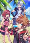  1girl 2boys beach belt blue_eyes blue_sky brown_hair cloud fingerless_gloves food food_in_mouth gloves hand_on_hip hood hooded_jacket jacket jewelry kairi_(kingdom_hearts) kingdom_hearts kingdom_hearts_iii looking_at_viewer multiple_boys necklace ocean one_eye_closed palm_tree popsicle red_hair riku sand short_hair silver_hair sky smile sora_(kingdom_hearts) spiked_hair standing sweatdrop tree v-neck yurichi_(artist) zipper zipper_pull_tab 