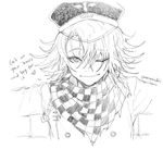  1boy bangs buttons chains checkered_scarf danganronpa english_text hat heart nanamichiii new_danganronpa_v3 one_eye_closed ouma_kokichi scarf shirt short_hair side_bangs simple_background solo straitjacket text white_background wink 