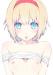  1girl :o alice_margatroid bangs bare_shoulders blonde_hair blue_eyes breasts breasts_apart collarbone commentary_request hairband looking_at_viewer nipples nirap no_bra red_hairband shirt shirt_lift small_breasts solo touhou upper_body white_shirt 