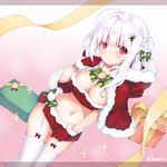  albino azur_lane blush bow braid breasts christmas cleavage closed_mouth cowboy_shot cygnet_(azur_lane) dutch_angle gift gloves green_bow hair_bow hood kanora large_breasts long_hair looking_at_viewer midriff miniskirt navel red_eyes red_gloves red_skirt ribbon shawl skirt skirt_tug solo standing striped striped_bow thigh_strap thighhighs twitter_username white_hair white_legwear yellow_ribbon 