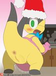  2017 absurd_res anus apron blush christmas clothing female gradient_background hat helioptile hi_res holidays looking_at_viewer looking_back nintendo oven patreon pok&eacute;mon pok&eacute;mon_(species) pussy santa_hat simple_background solo video_games winick-lim 
