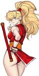  ass blonde_hair breasts final_fight from_behind genryuusai_maki high_ponytail highres long_hair looking_back medium_breasts ninja ponytail red_eyes salute sash sketch smile solo street_fighter tetsu_(kimuchi) tonfa two-finger_salute weapon 