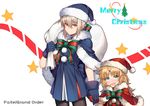  :d absurdres artoria_pendragon_(all) bangs black_legwear blonde_hair blue_dress blue_gloves blush braid capelet closed_mouth commentary copyright_name dress fang fate/grand_order fate_(series) fur_trim gloves grey_hair half_updo hat highres holding looking_at_viewer merry_christmas mordred_(fate) mordred_(fate)_(all) multiple_girls open_mouth pantyhose parted_bangs saber_alter sack santa_alter santa_costume santa_hat santa_lily short_dress sidelocks silver_hair simple_background sky smile star star_(sky) starry_sky white_background yorukun younger 