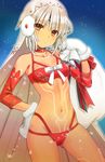  altera_(fate) altera_the_santa ass_visible_through_thighs bangs bare_shoulders bikini blue_background blush breasts choker closed_mouth collarbone contrapposto cowboy_shot dark_skin dated detached_sleeves fate/grand_order fate_(series) forehead_protector fur_trim gradient gradient_background hand_on_hip head_tilt hijiri_ruka light_particles long_sleeves looking_at_viewer mittens navel over_shoulder red_bikini red_choker red_eyes sack short_hair signature silver_hair small_breasts solo standing stomach swimsuit tattoo thighs veil 