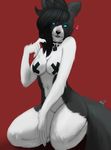  &lt;3 2017 4_fingers anthro bedroom_eyes big_breasts black_fur black_hair black_nose blue_eyes blush border_collie breasts canine claws collar collie colored dalan_harley dog female front_view fur hair hair_over_eye half-closed_eyes looking_at_viewer love mammal mspaox navel nude pasties pose red_background seductive signature simple_background sitting smile smirk solo tape white_fur 