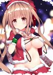 akiori_koromo black_gloves blonde_hair breasts capelet christmas eyebrows_visible_through_hair fur_trim gloves hat kantai_collection long_hair looking_at_viewer medium_breasts messy_hair murasame_(kantai_collection) navel night open_clothes red_eyes red_skirt santa_hat skirt smile solo twintails upper_body 