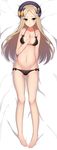  abigail_williams_(fate/grand_order) absurdres bad_id bad_pixiv_id bangs bare_arms bare_legs bare_shoulders barefoot bed_sheet bikini black_bikini black_bow black_hat blonde_hair blue_eyes bow bow_bikini closed_mouth collarbone commentary_request dakimakura eyebrows_visible_through_hair fate/grand_order fate_(series) forehead full_body hat highres long_hair looking_at_viewer lying man_hi_dun navel on_back orange_bow parted_bangs polka_dot polka_dot_bow solo swimsuit very_long_hair 