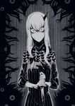  blood blood_splatter bloody_weapon closed_mouth fate/grand_order fate_(series) fingernails greyscale hair_between_eyes highres holding holding_knife horn knife lavinia_whateley_(fate/grand_order) long_hair long_sleeves looking_at_viewer monochrome nakamura_regura reverse_grip sanpaku solo standing static turtleneck two-handed weapon wide-eyed 