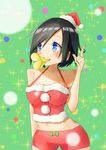  1girl black_hair blue_hair breasts christmas kingdom_hearts pringle_duck pringles santa_hat santa_suit short_hair shorts solo xion_(kingdom_hearts) 