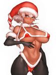  ass_visible_through_thighs bare_shoulders black_gloves blue_eyes breasts cameltoe elbow_gloves fang fumio_(rsqkr) gloves hat large_breasts looking_at_viewer midriff navel original pantyhose pointy_ears santa_costume santa_hat short_hair simple_background solo thick_thighs thighs white_background white_hair 