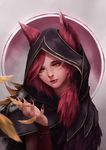  animal_ears falling_feathers feathers isaac_liew league_of_legends long_hair looking_at_hand nose parted_lips red_hair red_lips solo xayah yellow_eyes 