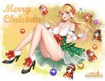  ass bangs bare_shoulders black_hair blonde_hair blue_eyes blush bow bowtie breasts brown_hair cleavage closed_eyes collarbone commentary_request dress earmuffs eyebrows_visible_through_hair full_body gloves hat high_heels highres large_breasts logo long_hair official_art open_mouth panties pink_hair santa_hat shimashima08123 simple_background sitting sleeveless smile snowflake_background snowflake_print tokyo_exe_girls twintails underwear white_gloves 