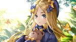  abigail_williams_(fate/grand_order) antweiyi bad_id bad_pixiv_id blonde_hair blue_eyes bow bowtie bug butterfly fate/grand_order fate_(series) hair_bow hat highres insect light_particles long_hair looking_at_viewer plant solo stuffed_animal stuffed_toy sunlight teddy_bear upper_body 
