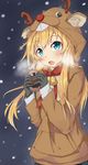  abukuma_(kantai_collection) alternate_costume animal_costume antlers bangs bell black_gloves blonde_hair blue_eyes blush breath can commentary_request eyebrows_visible_through_hair gloves hair_rings highres holding holding_can kantai_collection long_hair long_sleeves looking_at_viewer open_mouth reindeer_antlers reindeer_costume solo steam wasumi_kei winter 