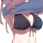  armpits bikini_top black_swimsuit blonde_hair breasts cleavage commentary_request front-tie_top graf_zeppelin_(kantai_collection) holding_shirt kantai_collection large_breasts long_hair looking_away osterei shiny shiny_skin shirt shirt_lift short_twintails simple_background smile solo swimsuit twintails undressing white_background white_shirt 