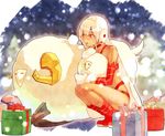  akamiso_(k074510) altera_(fate) altera_the_santa boots box dark_skin detached_sleeves fate/grand_order fate_(series) gift gift_box gloves highres mittens parted_lips red_footwear revealing_clothes sheep solo tattoo veil white_gloves white_hair 