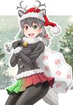  :d animal_ears antlers bell black_legwear breasts christmas coat commentary ears_through_headwear extra_ears eyebrows_visible_through_hair fur-trimmed_sleeves fur_collar fur_trim gloves gradient_sky green_eyes grey_hair hair_ribbon hat heterochromia highres japari_symbol kemono_friends looking_at_viewer medium_breasts open_mouth outline pantyhose pleated_skirt pom_pom_(clothes) rainbow_gradient rainbow_skirt red_eyes reindeer_(kemono_friends) reindeer_antlers reindeer_ears reindeer_tail ribbon sack santa_hat skirt sky smile solo tail takatsuki_nao white_outline 