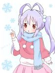  :o antenna_hair blue_scarf blush brown_eyes capelet chestnut_mouth commentary_request cowboy_shot eyebrows_visible_through_hair index_finger_raised long_hair long_sleeves miyauchi_renge non_non_biyori parted_lips pink_skirt pleated_skirt pom_pom_(clothes) purple_hair scarf shika_(s1ka) skirt snowflakes solo standing sweater twintails white_sweater 