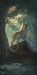  ambiguous_gender detailed_background digital_media_(artwork) feline feral forest fur lynx mammal pechschwinge rock solo tan_fur tree yellow_eyes 
