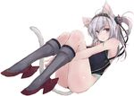  animal_ears ass black_footwear black_swimsuit boots breasts brown_eyes cat_ears cat_tail commentary_request competition_swimsuit grey_footwear headband kantai_collection knee_boots leg_hug long_hair looking_at_viewer one-piece_swimsuit one_side_up revision rudder_shoes silver_hair simple_background small_breasts solo suzutsuki_(kantai_collection) swimsuit tail white_background yumesato_makura 