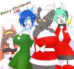  4girls artist_request black_hair blue_eyes blue_hair brown_hair cat christmas christmas_costume dog furry green_hair long_hair multiple_girls open_mouth pink_eyes smile two-tone_hair 