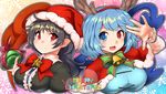  asymmetrical_wings bell bell_choker black_hair blue_eyes blue_hair breasts capelet choker christmas commentary hat heterochromia highres houjuu_nue large_breasts medium_hair multiple_girls open_mouth pointy_ears red_eyes ribbon_choker santa_hat short_hair speech_bubble tatara_kogasa text_focus touhou umigarasu_(kitsune1963) wings 