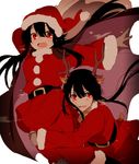  1girl :d animal_ears antlers belt black_hair brother_and_sister christmas commentary_request fate/grand_order fate_(series) fur_trim hat hat_removed headwear_removed hiiragi_fuyuki hug jacket kemonomimi_mode koha-ace long_hair long_sleeves looking_at_viewer oda_nobukatsu_(fate/grand_order) oda_nobunaga_(fate) open_mouth pants pom_pom_(clothes) red_eyes red_hat red_jacket red_pants sack santa_costume santa_hat siblings simple_background smile sweatdrop white_background 