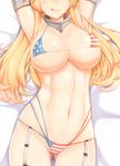  :p abs american_flag_bikini american_flag_swimsuit armpits arms_up ass_visible_through_thighs bed_sheet bikini blonde_hair blush breasts cameltoe choker closed_mouth elbow_gloves flag_print garter_straps gloves iowa_(kantai_collection) kantai_collection large_breasts long_hair looking_at_viewer lying navel nipples on_back osterei shiny shiny_skin smile solo stomach swimsuit tongue tongue_out 