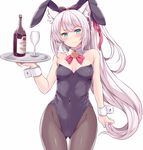  &gt;:( animal_ears arm_at_side ass_visible_through_thighs azur_lane bare_arms bare_shoulders black_bow black_legwear black_leotard blush bottle bow breasts bunny_ears bunnysuit cat_ears cleavage closed_mouth covered_navel cowboy_shot cup detached_collar drinking_glass eyebrows_visible_through_hair fake_animal_ears frills hair_bow hammann_(azur_lane) hasu_(hk_works) holding holding_tray leotard long_hair looking_at_viewer ponytail simple_background small_breasts solo standing strapless strapless_leotard thigh_gap tray v-shaped_eyebrows very_long_hair white_background wrist_cuffs 