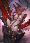  armor bare_shoulders bodysuit boots breasts closed_mouth gauntlets greaves head_tilt holding imp_lancer_(shadowverse) large_breasts leg_up looking_at_viewer n.a. official_art pink_hair pointy_ears shingeki_no_bahamut short_hair sitting smile solo spikes spine spread_legs tail watermark white_bodysuit wings 