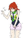  1girl artist_request bare_shoulders black_vest bloomers blue_neckwear blush breasts eyebrows_visible_through_hair female half-closed_eye hand_up have_to_pee idol kaname_buccaneer macross macross_delta medium_breasts necktie one_eye_closed peeing peeing_self pink_bloomers red_hair shirt shirt_tug short_hair simple_background solo standing sweat text thigh_gap translated trembling underwear vest wet_clothes white_background 